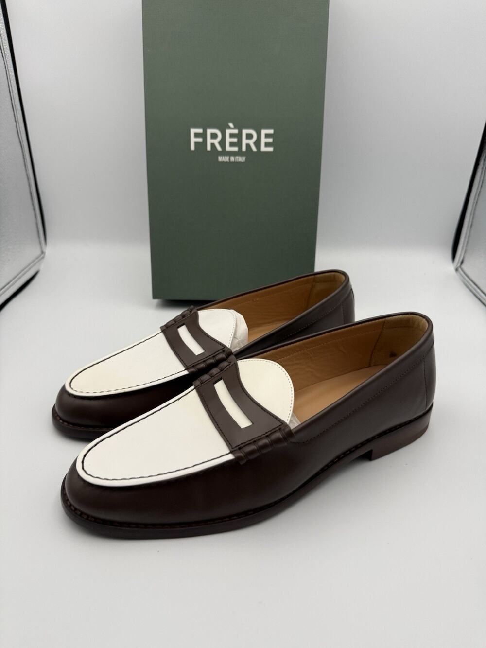 FRÈRE Leather Two-Tone Penny Loafers Brown White Made in Italy Men’s US 9 EU 42
